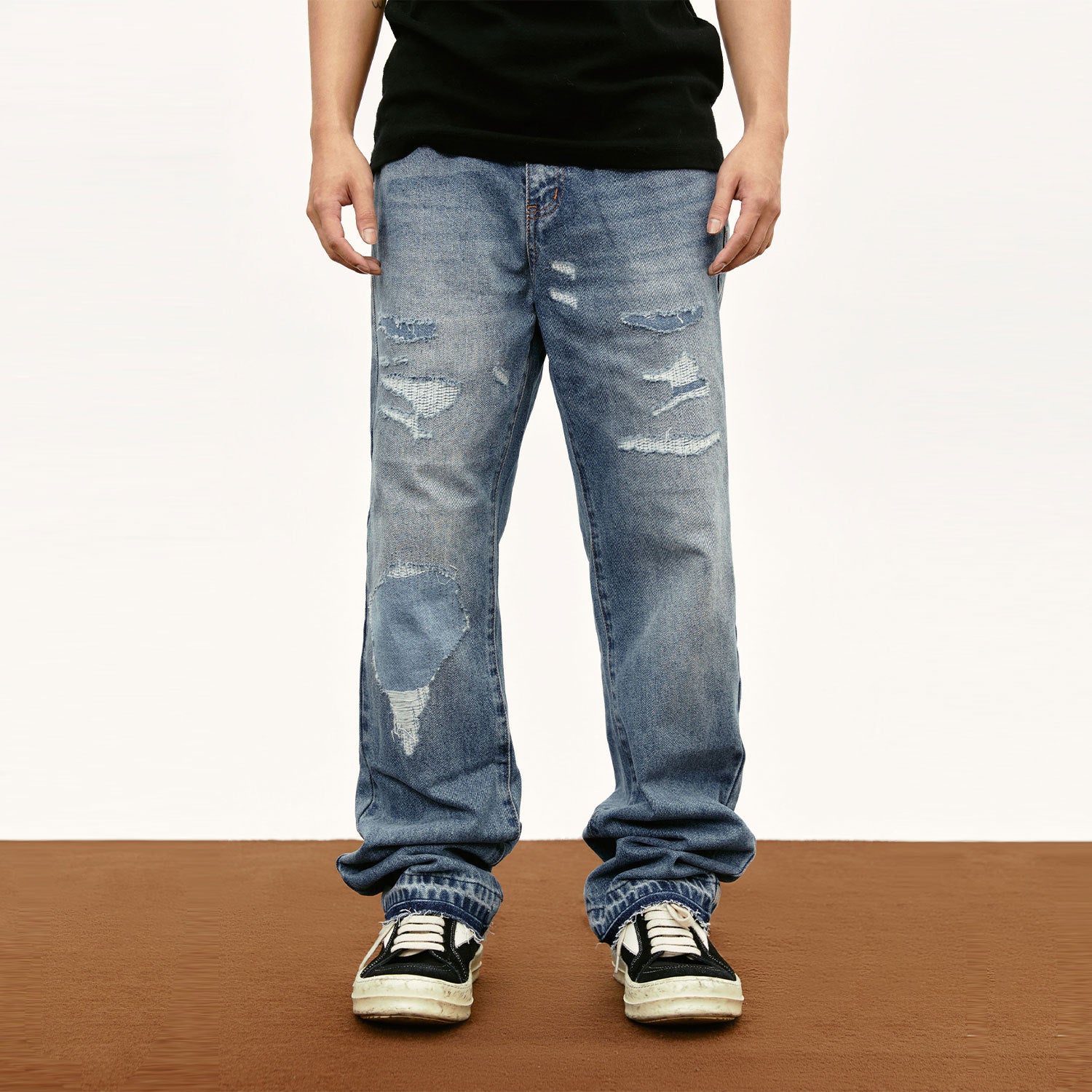 Ripped Patch Washed Straight-leg Trousers