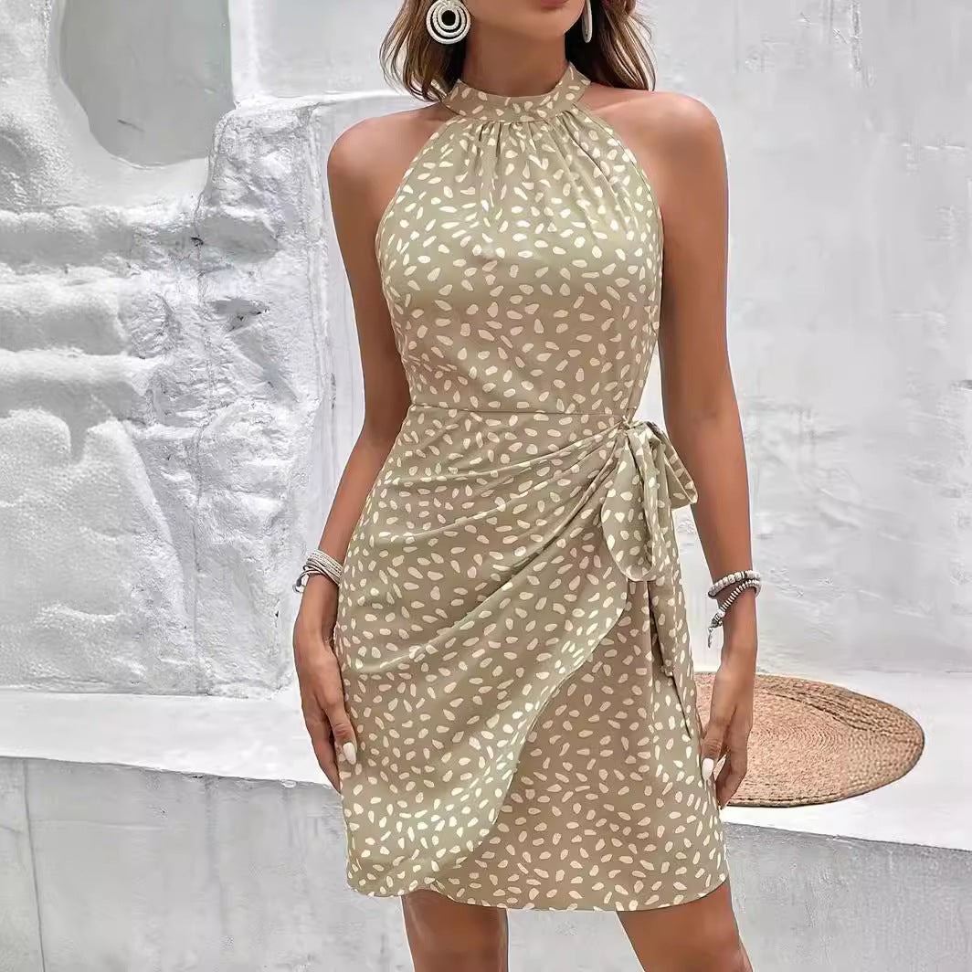 Summer Halterneck Printed Dress With Tied-waist