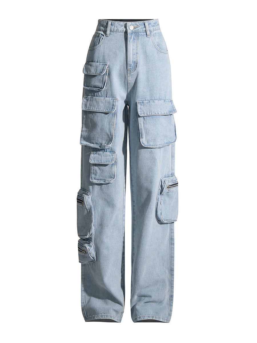 Light Blue Washed Tooling Jeans For Women