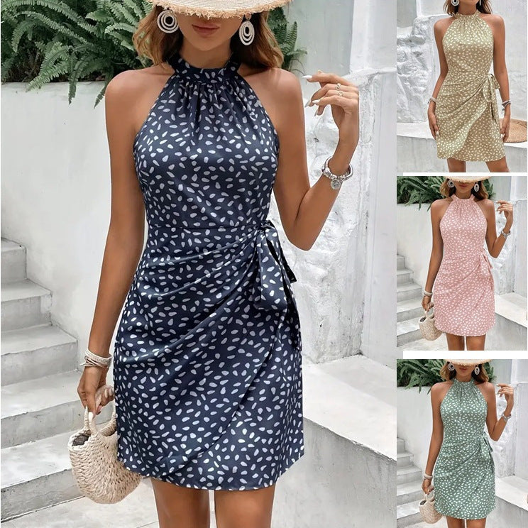 Summer Halterneck Printed Dress With Tied-waist