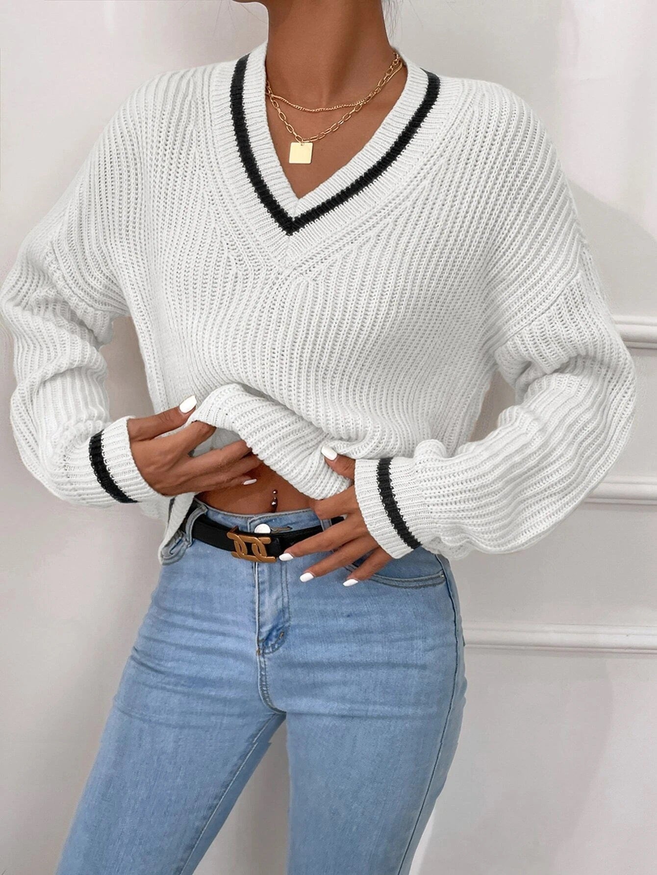 Winter Women's Clothes Cable Knit V Neck Sweaters Casual Long Sleeve Striped Pullover Sweater Trendy Loose Preppy Jumper Top