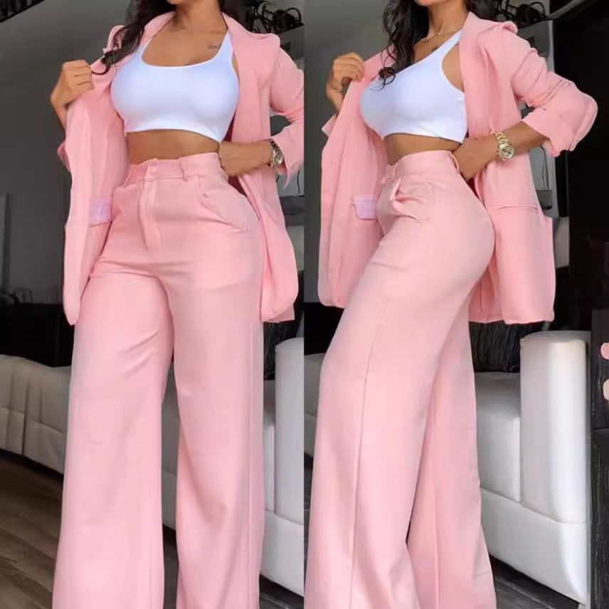 Pure Color Split Sleeve Lapel Suit Straight-leg Pants Suit Women